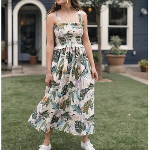 Anthropologie Corey Lynn Calter Olivia Tropical Bird linen smocked midi dress M